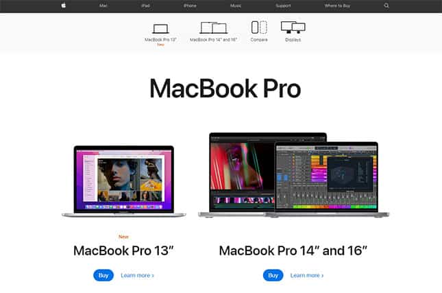 An image featuring MacBook Pro laptops on the official Mac website screenshot