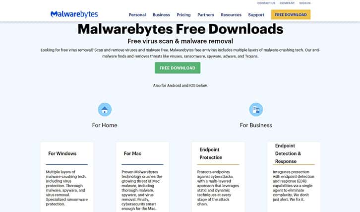 An image featuring malwarebytes anti malware free website