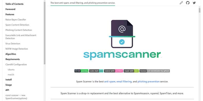 An image featuring the official Spam Scanner spam filter website homepage screenshot