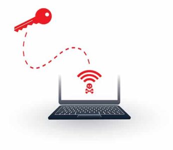 An image featuring unsecure wifi danger concept with a key on top of the laptop