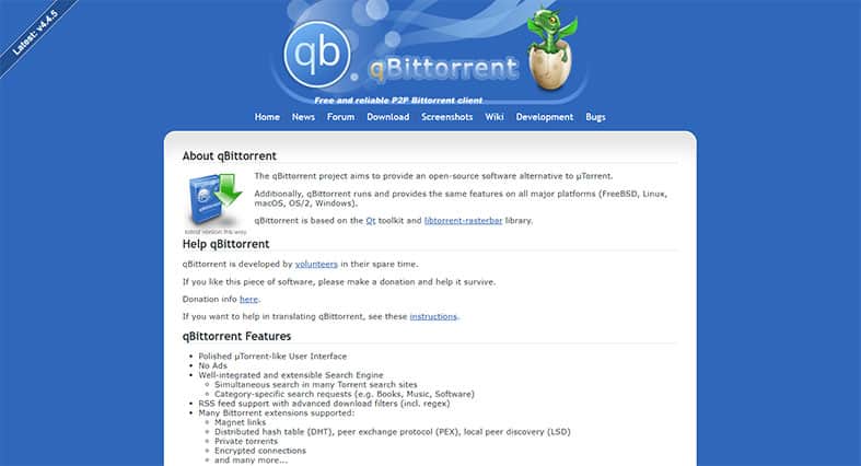An image featuring the official qBittorrent website homepage screenshot