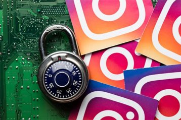 An image featuring a lock with multiple Instagram logos next to it representing a hacked Instagram account concept