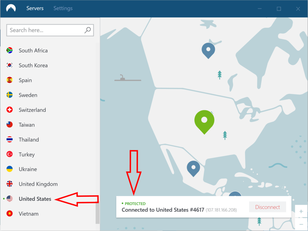 NordVPN desktop app connected to The United States