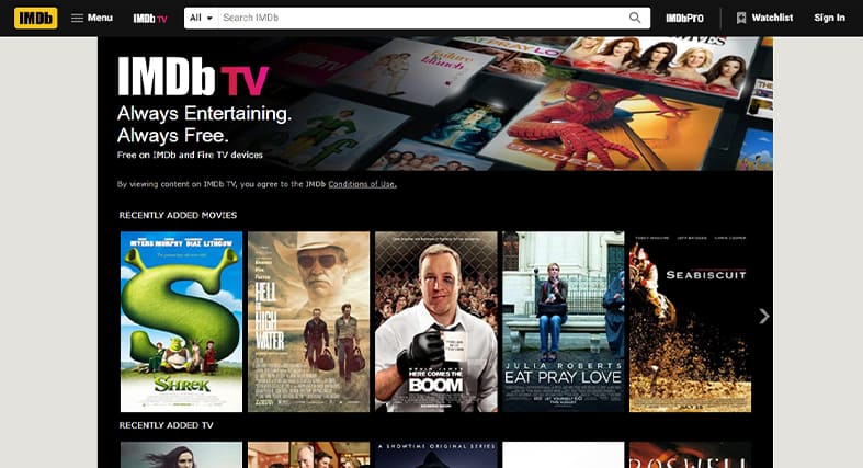 A screenshot of IMDb TV