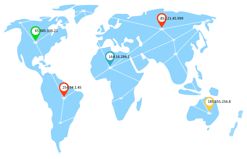 World map with different ip addresses