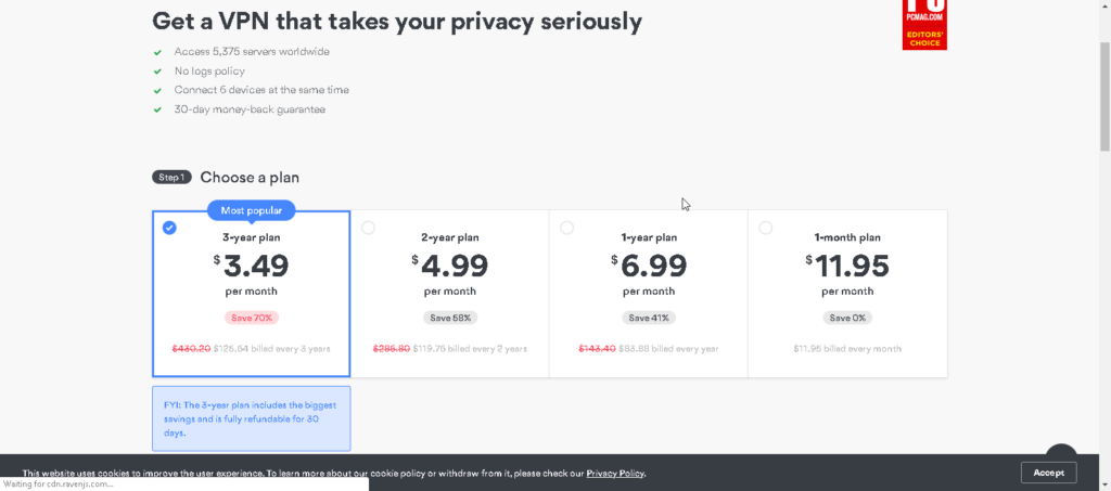 Choose a Plan from VPN provider - Screenshot Taken from the VPN provider official website.