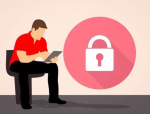 illustration of a man sitting on a chair with a device and a big round round padlock on his right