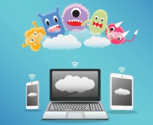 malware in cartoon form above three devices