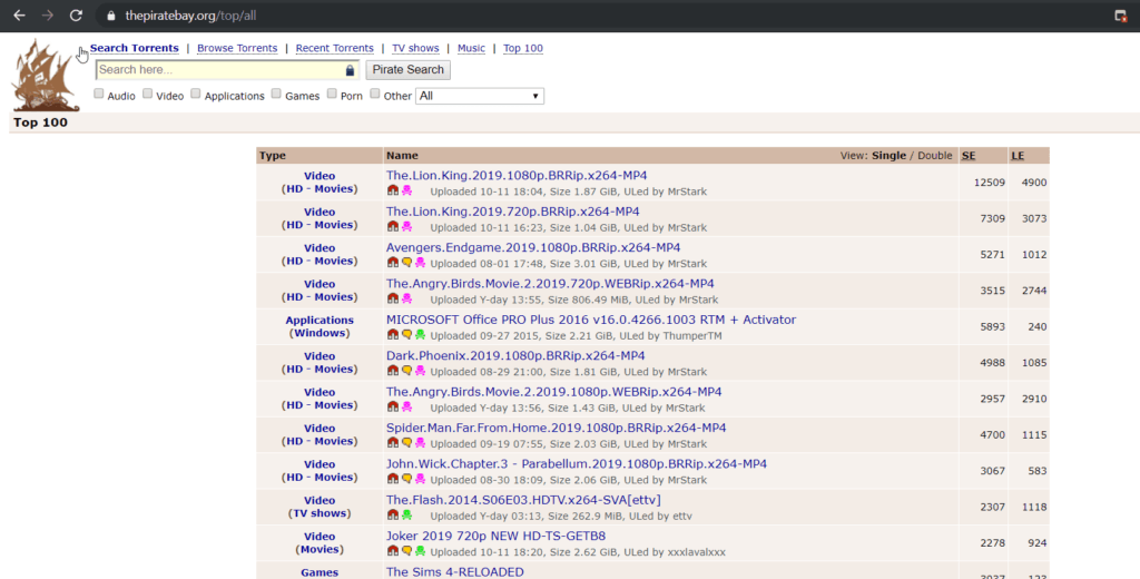 Screenshot of TPB showing top 100 torrents