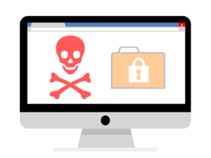 desktop showing skull an bones danger sign along with a folder icon with padlock