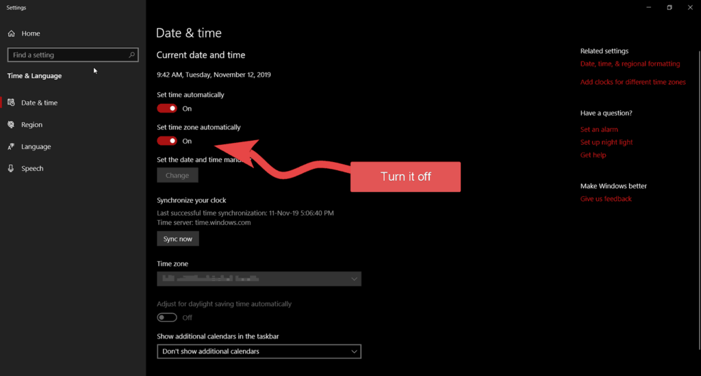 Windows10 set time zone automatically