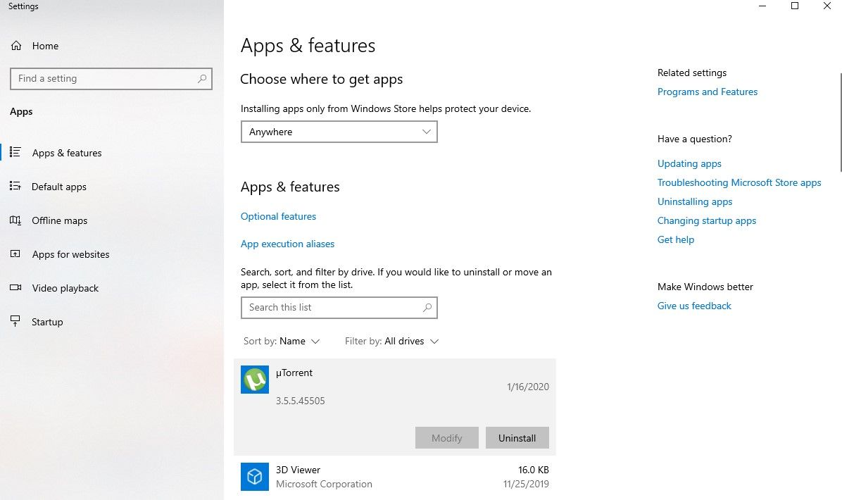 windows 10 apps screen uninstall
