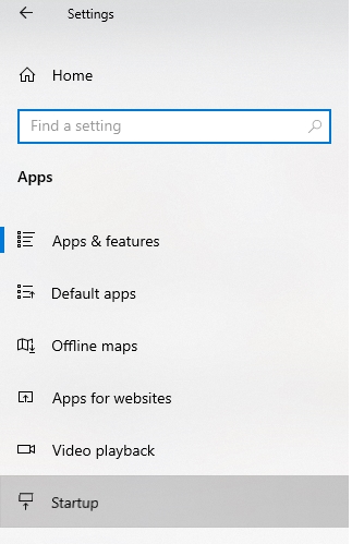 startup setting in windows 10