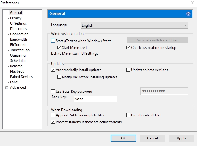 general settings and start utorrent when windows starts option