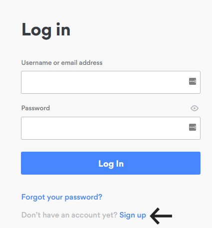 log in screen for a vpn with the sign up option selected