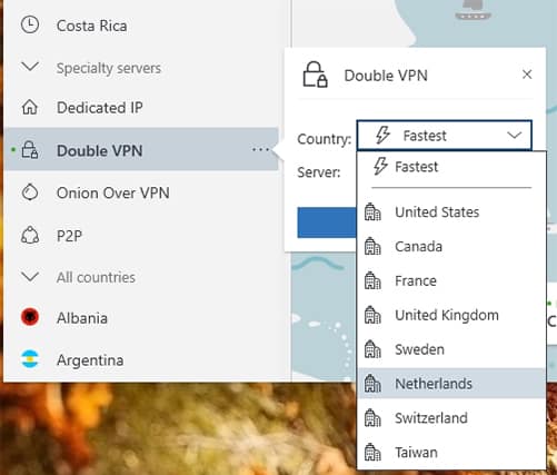 Nord VPN Double VPN option highlighting the Netherlands