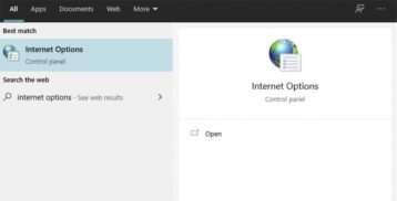 Internet Options in the windows menu