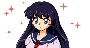an image of a dark haired anime girl with large grey eyes, a school uniform and a red scarf