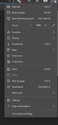 Finding the settings menu in Microsoft Edge