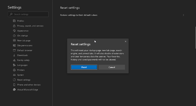 Resetting the settings in the Microsoft Edge browser