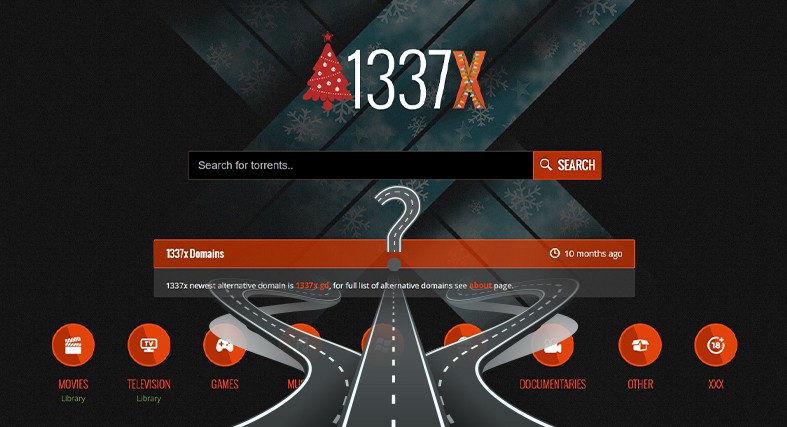 An image featuring the homepage of the 1337x website with multiple roads on the bottom going in different directions representing 1337x alternatives