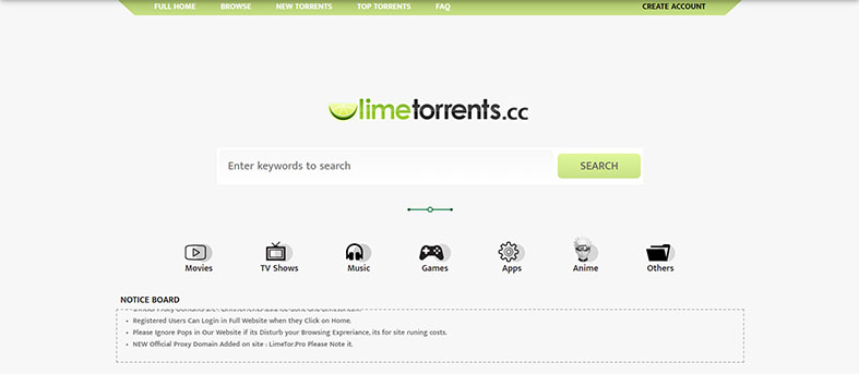 An image featuring the homepage of the Limetorrents website
