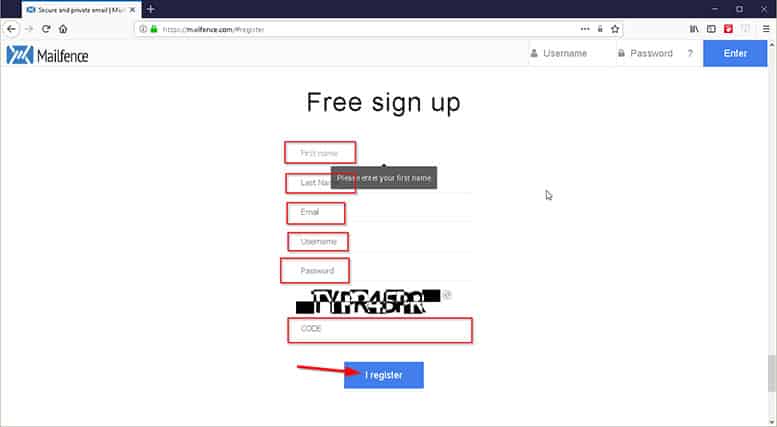 An image featuring how to create an account in Mailfence step 2 and 3