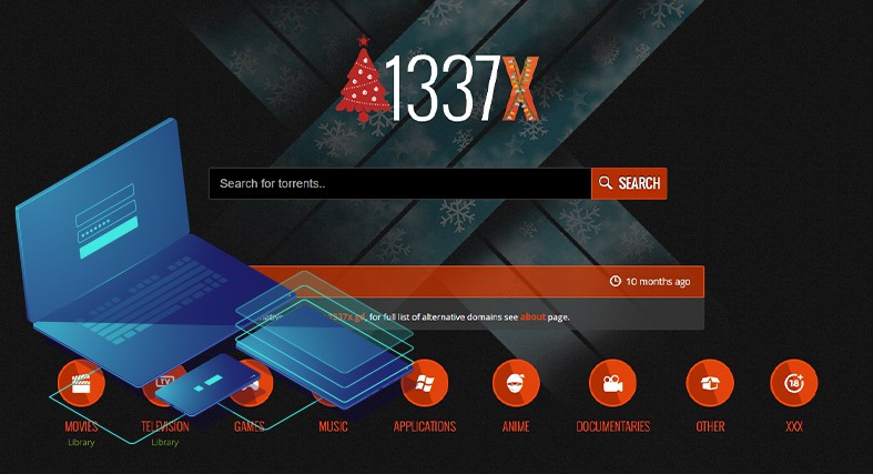 An image featuring the homepage of the 1337x website with a laptop on the left side representing proxy websites for 1337x