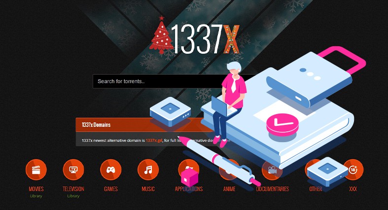 An image featuring the homepage of 1337 website with a drawing of a person using his laptop on the right side representing subpoenas
