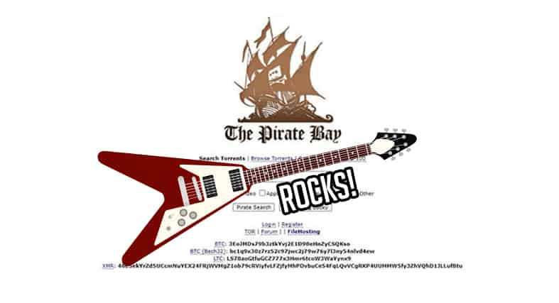 An image featuring the homepage of thepiratebay website with a guitar in the middle that says rocks beneath it representing thepiratebay.rocks