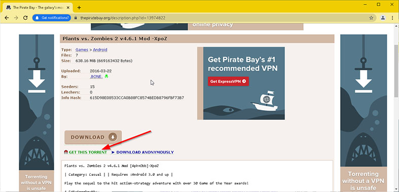 An image featuring how to download a torrent file while using the pirate bay step8