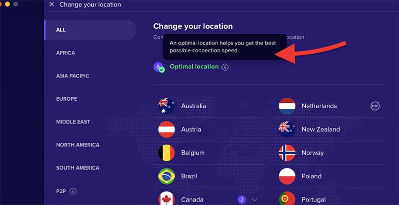 An image featuring the Avast SecureLine VPN's optimal location feature
