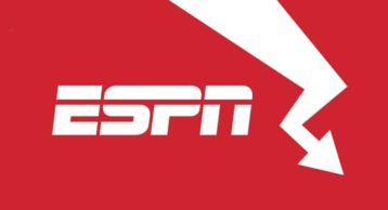 An image featuring the ESPN logo with an arrow pointing downwards representing ESPN's rating going down