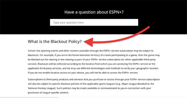 An image featuring the website of ESPN+ about what is the blackout policy and explaining more information
