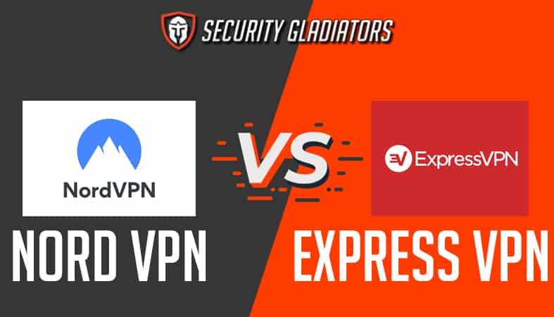 An image featuring the Security Gladiators logo with the NordVPN versus ExpressVPN representing comparison between those two VPNs