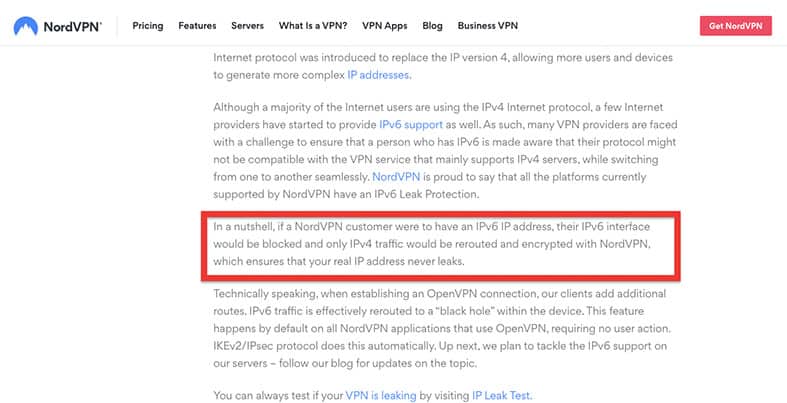 An image featuring NordVPN's information about when the user is having an IPv6 IP address