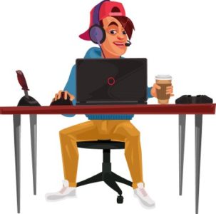 An image featuring a drawn cool person using his laptop and drinking coffee