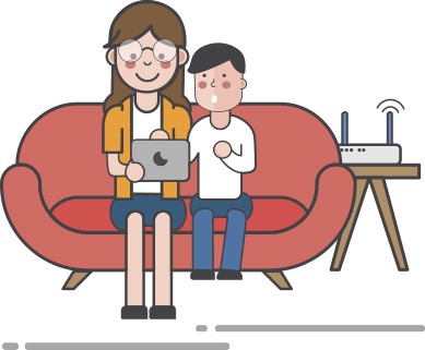 An image featuring a mother and her son watching something on their laptop while being connected to their Wi-Fi router