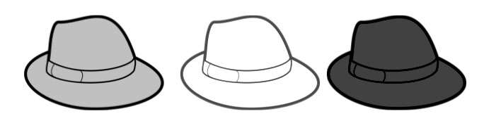 An image featuring three different hats that are black grey and white color representing different hackers