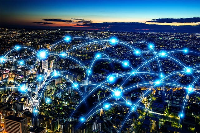 An image featuring a cool wide area network concept with a view of a city while the houses and buildings are connected 