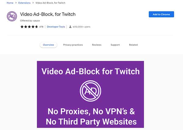 An image featuring Video Ad Block for Twitch ad blocker extension