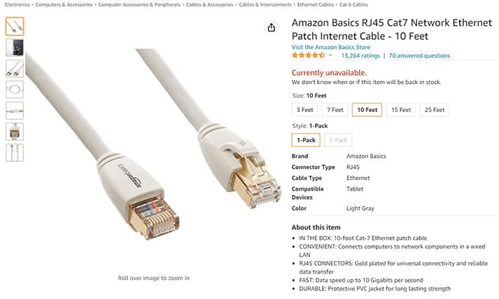 An image featuring Amazon Basics CAT 7 cable Amazon website screenshot