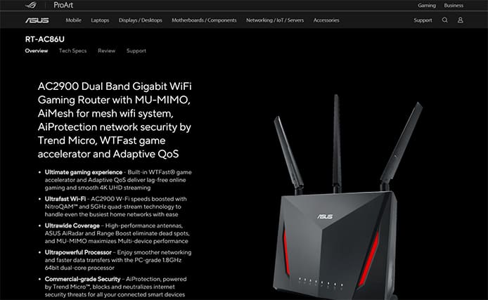 An image featuring Asus RT AC86U Router website screenshot