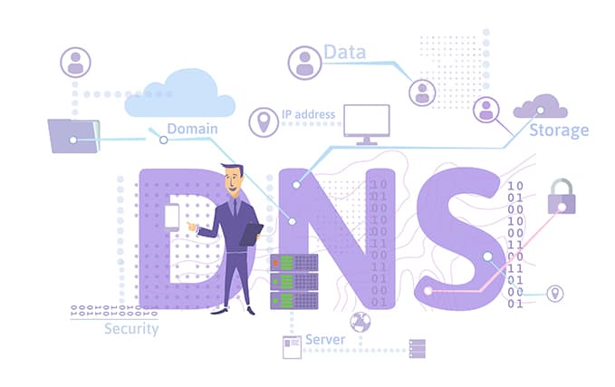 An image featuring a person standing next to DNS servers concept