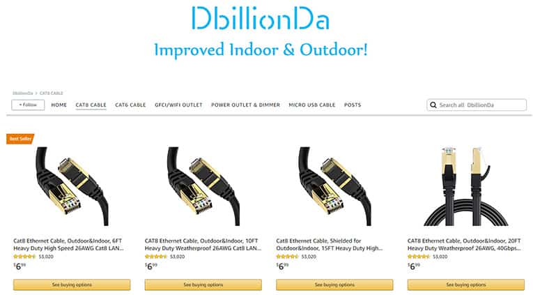 An image featuring multiple DbillionDa Cat8 cables screenshot