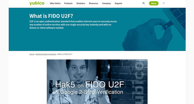 An image featuring FIDO U2F security key website screenshot