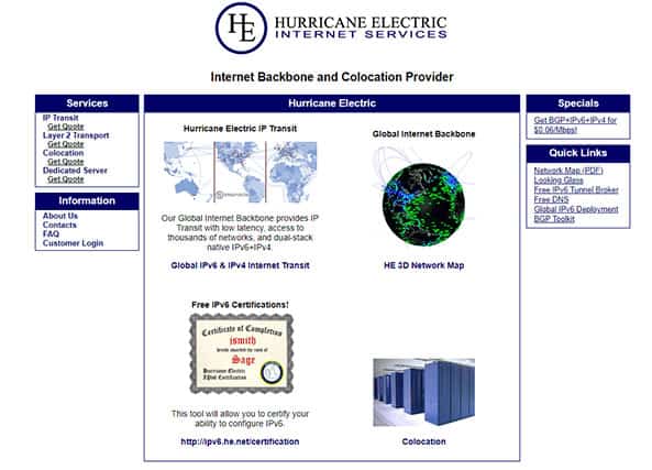 An image featuring the official Hurricane Electric website homepage screenshot