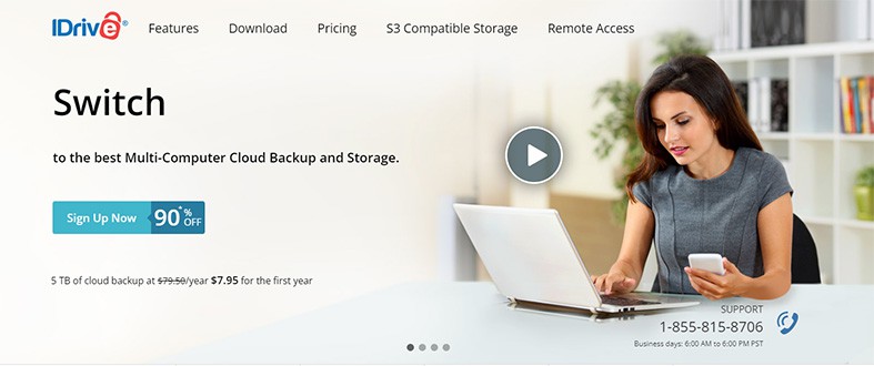 An image featuring the official IDrive cloud storage website homepage screenshot