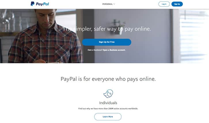 An image featuring PayPal homepage