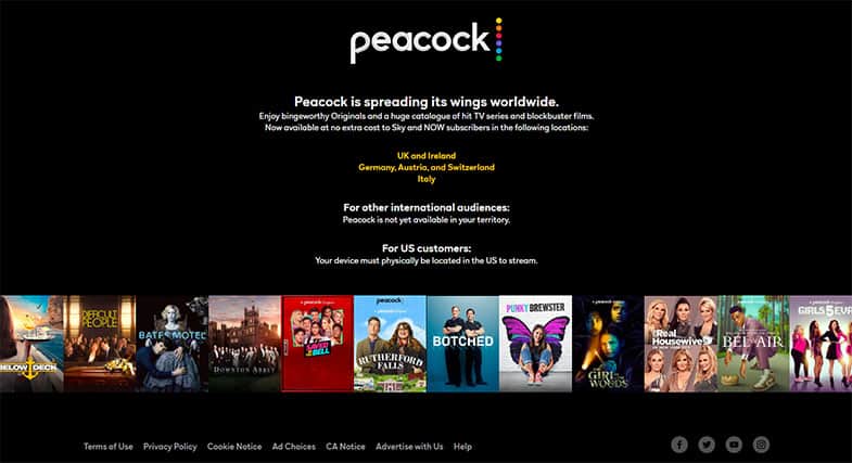 An image featuring the official Peacock website homepage screenshot